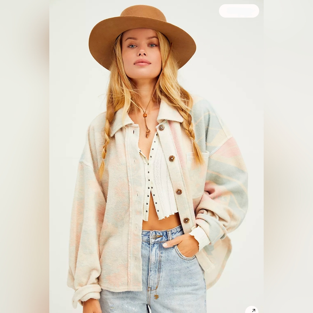 Free People Kiwi Fleece Pastel Ivory Combo Sunflowers Shirt Jacket L